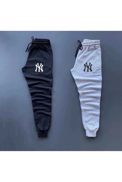 Yanki Ny Baskılı Original Ünisex Kışlık Eşofman Altı 2 li Set Combin Takım Siyah Gri