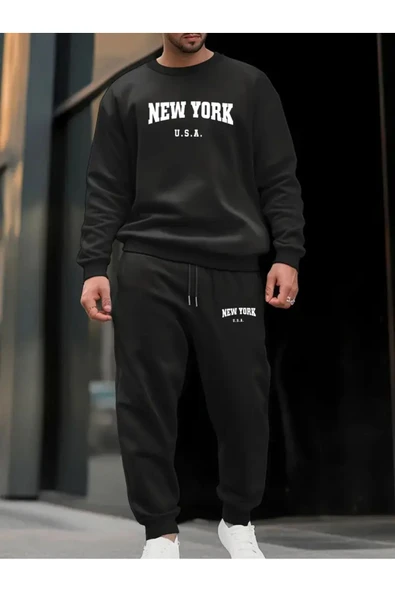 Eşofman Takımı  NewYork Baskılı Unisex Kışlık Kalın Pamuklu Sweatshirt Ve Eşofman Altı 2' Li Set - 7