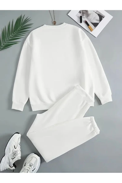 Eşofman Takımı Sweatshirt Unisex Kışlık kalın Pamuklu, Şardonlu ve yumaşık beyaz - 2