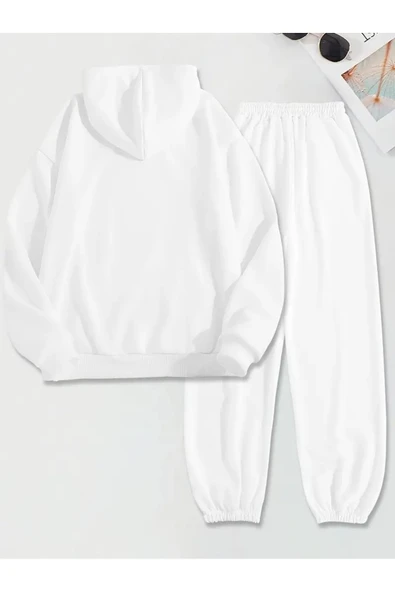 Eşofman Takımı Sweatshirt Kapşonlu Unisex Kışlık kalın Pamuklu, Şardonlu kanguru cepli beyaz - 2