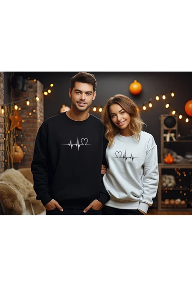 Sweatshirt Sevgili Combin Kalp Nabız Baskılı Pamuklu kalın ve Yumuşak ürün İçi Şardonlu 2 'Lİ Set - 4
