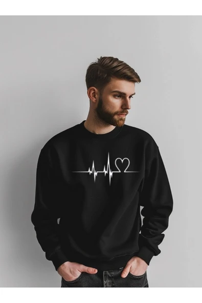 Sweatshirt Sevgili Combin Kalp Nabız Baskılı Pamuklu kalın ve Yumuşak ürün İçi Şardonlu 2 'Lİ Set - 6