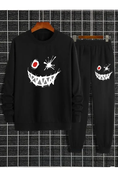 Eşofman Takımı Gülen yüz baskılı Unisex kışlık Kalın pamuklu Sweatshirt ve Eşofman altı 2' li set - 9
