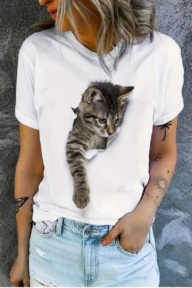 Kedi Baskılı Original Ünisex %100 Pamuklu Yeni sezon Yazlık T-shirt ürün görseli