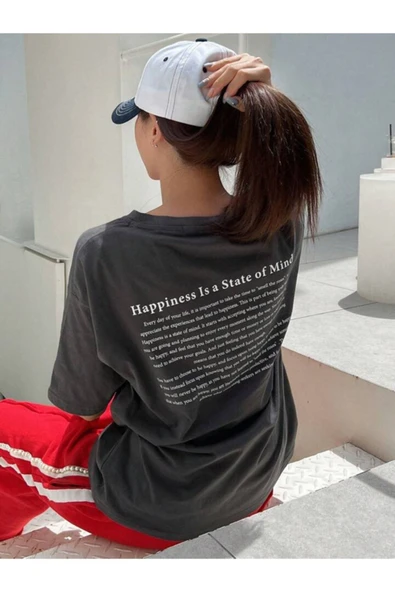 Happiness İs a State Of Mind Baskılı Oversize Tshirt