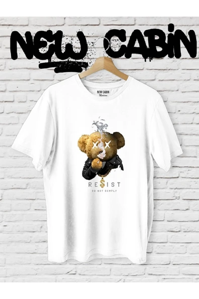 Yeni Sezon Unisex Reşist Bear Baskılı Beyaz Oversize Tişört ürün görseli