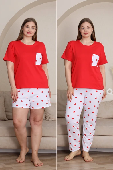 %100 Pamuk Büyük Beden 3 Parça  Kadın Pijama Takımı - 11