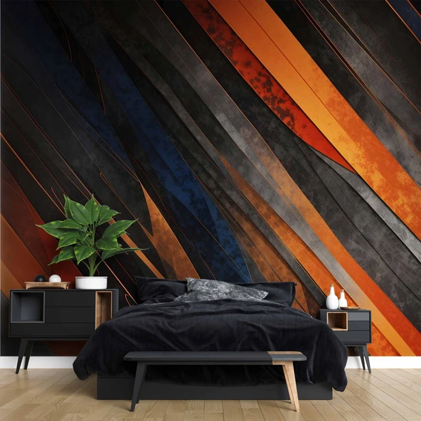 3 Boyutlu Siyah Turuncu Duvar Kağıdı - Resim 2