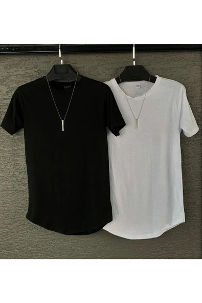 Yeni Sezon Unisex Siyah-beyaz Slim Fit Bisiklet Yaka 2'li Oval Kesimli Tişört