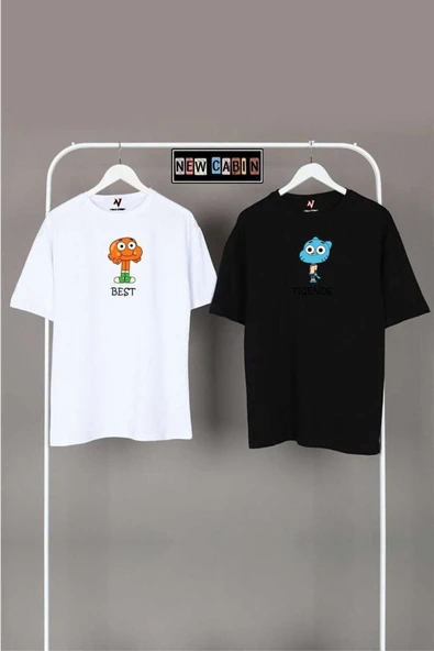 Yeni Sezon Unisex Siyah-beyaz Oversize Çift Kombinleri 2'li T-shirt