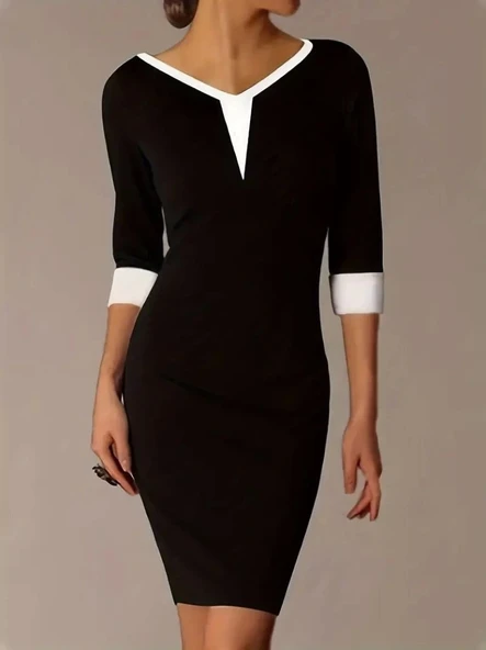 Kadın Truvakarkol V Yakalı Blok Renkli Kısa Janjan Krep Elbise ürün görseli 1