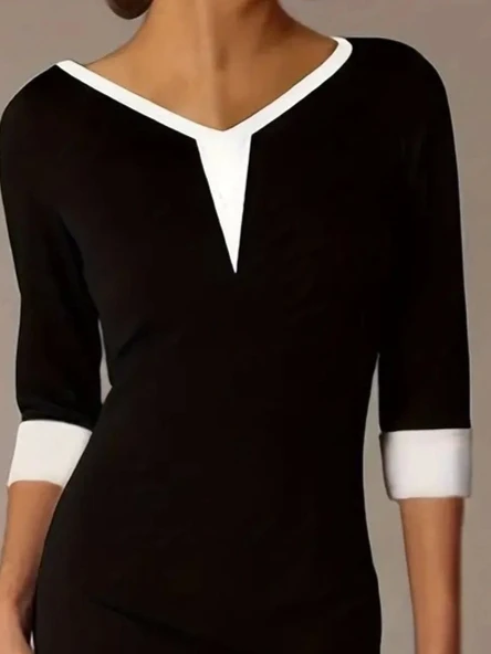 Kadın Truvakarkol V Yakalı Blok Renkli Kısa Janjan Krep Elbise - Resim 2