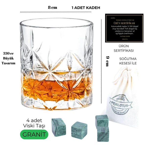 Perlotus 330 cc Paris Serisi Büyük Kadeh Viski Bardağı 4 Adet Viski Taşı Hediyeli