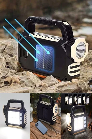 Yan Panelli Powerbank Özellikli 3 Modlu Solar Panelli Şarjlı Güneş Enerji Suya Dayanıklı Kamp Feneri - 2