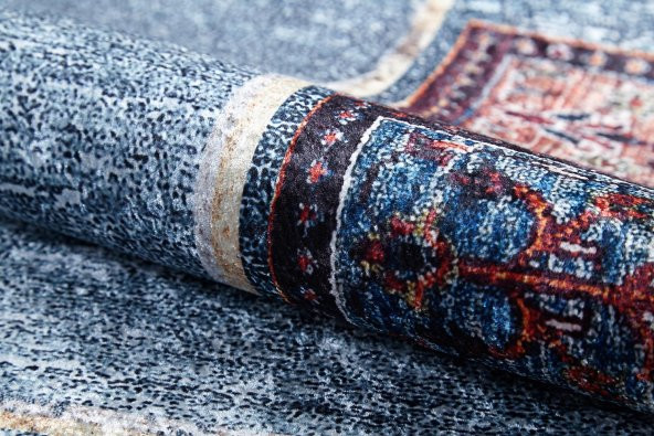 USSO Etnik Mavi Renk Yıkanabilir Halı HLN1558 - 4