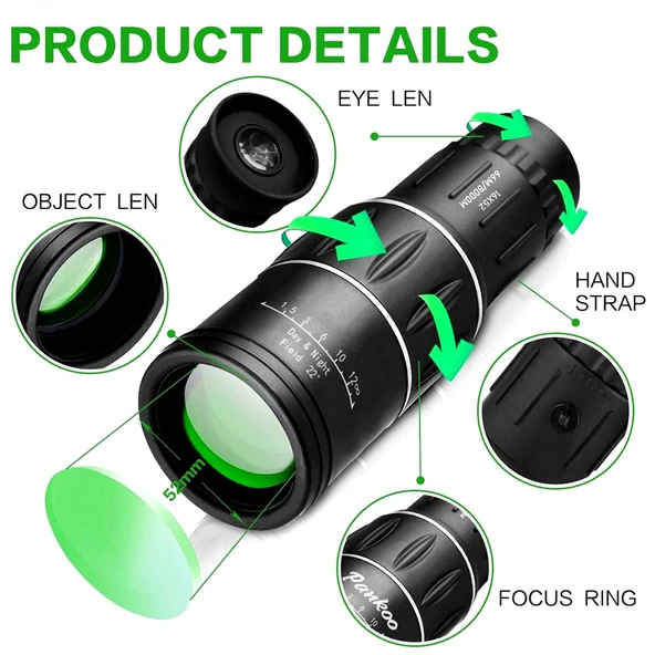 16x52 Optik Lens Monoküler Teleskop Dürbün, Gece Görüşlü Avcılık Ve Kamp Dürbünü + Saklama Kılıfı - Resim 2