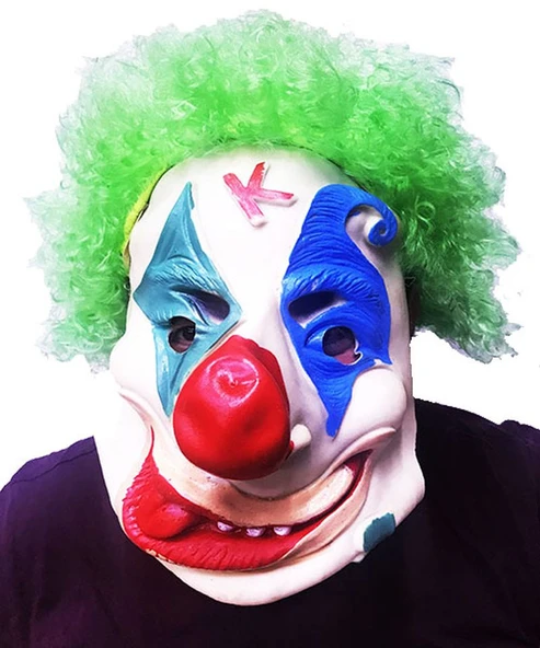 Yeşil Renk Afro Bonus Peruklu Palyaço Lateks Et Maske TdrTR