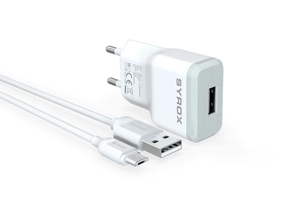 Syrox J15 2.0A 1mt USB-A - Micro USB Kablolu 1xUSB-A Port Çıkışlı Şarj Cihazı - Beyaz