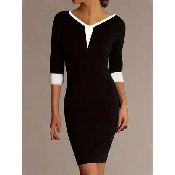 Lucky Life Kadın Fakir Kol V Yakalı Blok Renkli Kısa Janjan Krep Elbise - 3