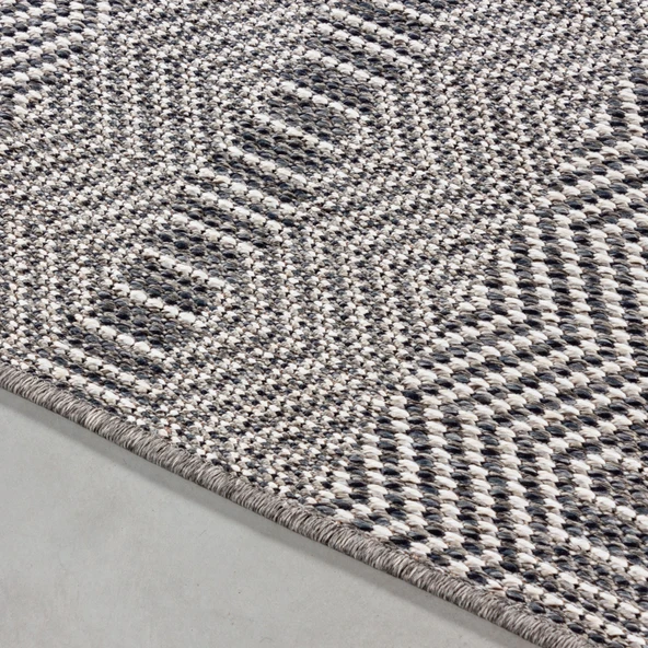 Sisal Hasır Görünümlü Çift Taraflı Tozsuz Kilim Desenli Gri Dış Mekan Halısı - 4