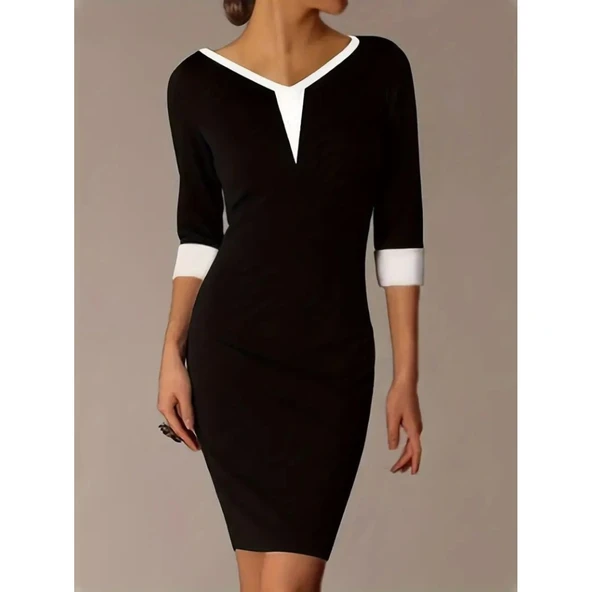 Lucky Life Kadın Fakir Kol V Yakalı Blok Renkli Kısa Janjan Krep Elbise - 2