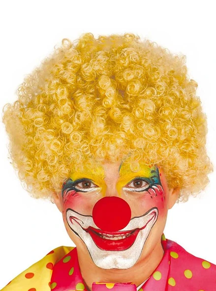 Sarı Renk Kıvırcık Afro Bonus Peruk Takma Saç ve Kırmızı Burun Seti TdrTR