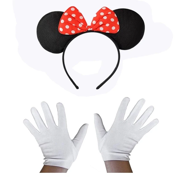 Kırmızı Fiyonklu Minnie Mouse Tacı ve Beyaz Eldiven Seti TdrTR