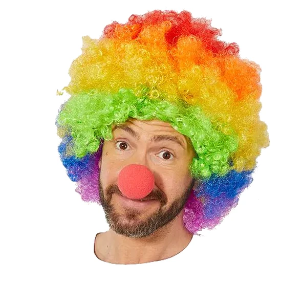 Rengarenk Gökkuşağı Afro Bonus Peruk ve Kırmızı Renk Sünger Burun 120 gr TdrTR