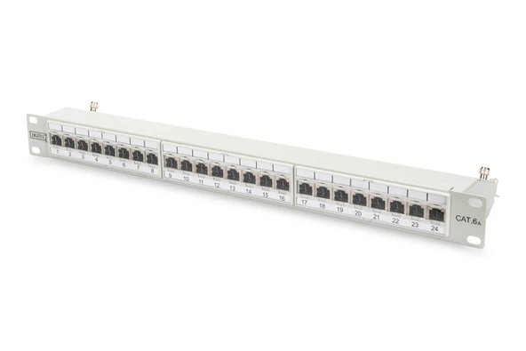 Digitus 19 Inch 24 Port Cat-6a EA Sınıfı FTP Patch Panel, Zırhlı, 1U, tozdan korumak için kapaklı, 8P8C, gri RAL 7035 renk TdrTR