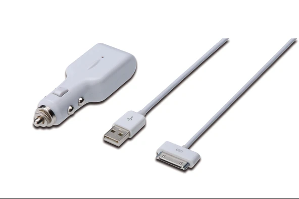 Digitus USB Araç İçi Çakmaklık Şarj Adaptörü  ve Şarj Kablosu,  1 x USB port, Giriş: 12-24V Çıkış: 5V + Apple 30pin Erkek - USB A Erkek Kablo, 1 metre TdrTR