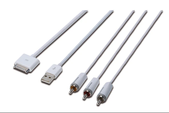 Digitus Apple Audio/Video bağlantı kablosu, Apple 30pin Erkek <->- 3 x RCA Erkek + USB A Erkek, 1.5 metre, Komposit Audio/Video, USB 2.0 uyumlu, UL, beyaz TdrTR