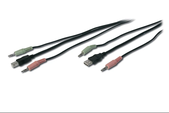 KVM Switch için Ses + USB Kablo Seti, 2 x 3,5 mm Erkek; USB A Erkek  2 x 3,5 mm Erkek; USB B Erkek, siyah renk, 1,80 metre TdrTR