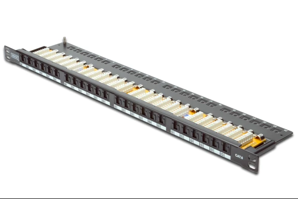 Digitus 19 24 port Cat-6 UTP Patch Panel, 8P8C, LSA, 0,5U boyut, tozdan korumak için kapaklı, zırhsız, siyah renk TdrTR