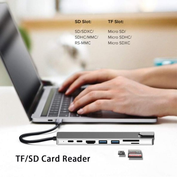 START FC-10 8-in1 USB3.1 TYPE-C=>HDMI+USB3.0+ USB3.1 TYPE-C+RJ45+SD+TF Çevirici Adaptör - 3