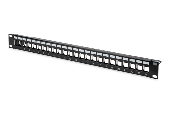 Digitus 24 Port Boş Patch Panel, Zırhlı, 1U Yüksekliğinde, Siyah Renk Digitus Modular Patch Panel, Shielded, 24-port, blank, 1U, rack mount, color blac TdrTR