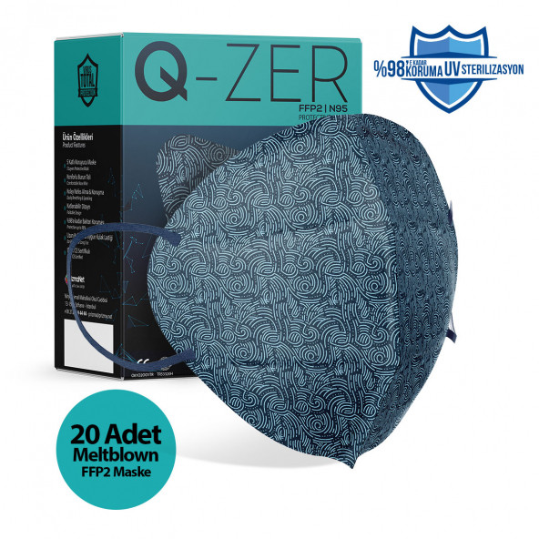 Medizer Qzer Lacivert Dalga Desenli FFP2 N95 Maske - 20 Adet