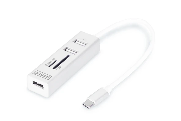Digitus USB 2.0 Tip C 3 Port Hub, Kart Okuyucu, 3 x USB 2.0. 1 x SD, 1 x MicroSD kart yuvası, alüminyum TdrTR