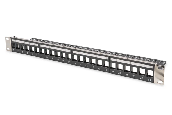 Digitus Modüler Patch Panel, zırhlı, 24-port boş, 1U, kabinete monte edilebilir, şeffaf etiket alanına sahip, siyah renk Digitus Modular Patch Panel, s TdrTR