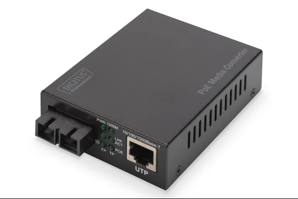 Digitus Gigabit Ethernet PoE+ Media Converter, Singlemode 802.3at, 30W, SC konektör, maksimum 20km Digitus 1000Base-X to 10/100/1000Base-T 802.3at PoE+ TdrTR