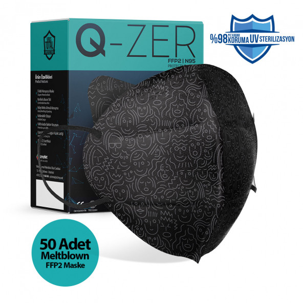 Medizer Qzer Siyah Yüzler Desenli FFP2 N95 Maske - 50 Adet