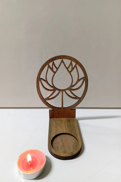 Lotus Çiçeği Figür Kahverengi Ahşap Gölge Mumluk Projeksiyon Biblo - Mum Hediyeli LOT2 - 4