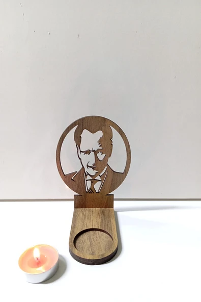 Mustafa Kemal ATATÜRK Figür Kahverengi Ahşap Gölge Mumluk Projeksiyon Biblo - Mum Hediyeli MKA2 - 2