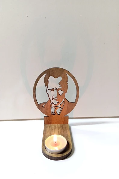 Mustafa Kemal ATATÜRK Figür Kahverengi Ahşap Gölge Mumluk Projeksiyon Biblo - Mum Hediyeli MKA2 - 3