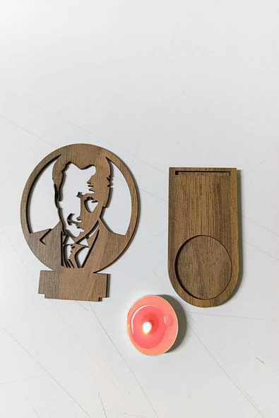 Mustafa Kemal ATATÜRK Figür Kahverengi Ahşap Gölge Mumluk Projeksiyon Biblo - Mum Hediyeli MKA2 - 4