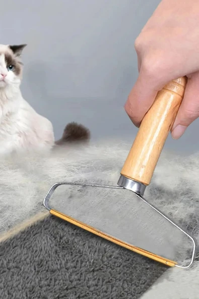 Ahşap Saplı Metal Kazak - Elbise - Halı Tüyü Temizleme Çift Taraflı Tüy Tiftik Toparlayıcı - 3