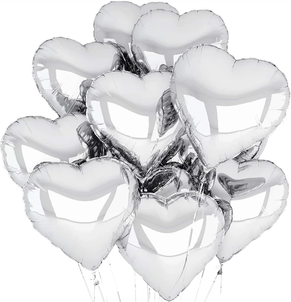 Metalize Parlak Gümüş Şekilli Kalp Uçan Balon Folyo 45 cm 10 Adet TdrTR