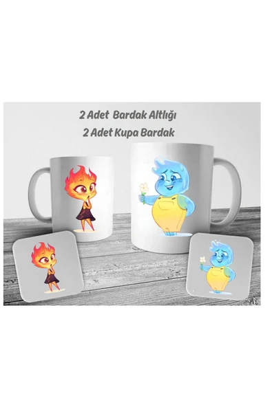 ALPŞAN TİCARET  Ateş ve Su Kupa Bardak ve Altlığı Kupa Çift Kupaları 4'lü Set Sevgili Kupa