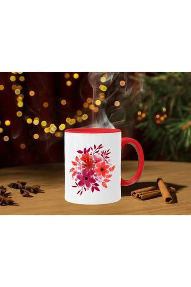 ALPŞAN TİCARET  Çiçekli Kupa Çiçek Özel Kupa Bardak İçi ve Kulbu Kırmızı Çiçekli Bardak - Resim 2