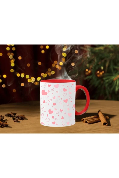 ALPŞAN TİCARET  Kalp Baskılı Özel Kupa Bardak İçi ve Kulbu Kırmızı Kalpli Kupa - Resim 2