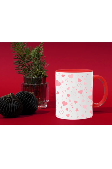 ALPŞAN TİCARET  Kalp Baskılı Özel Kupa Bardak İçi ve Kulbu Kırmızı Kalpli Kupa - Resim 3